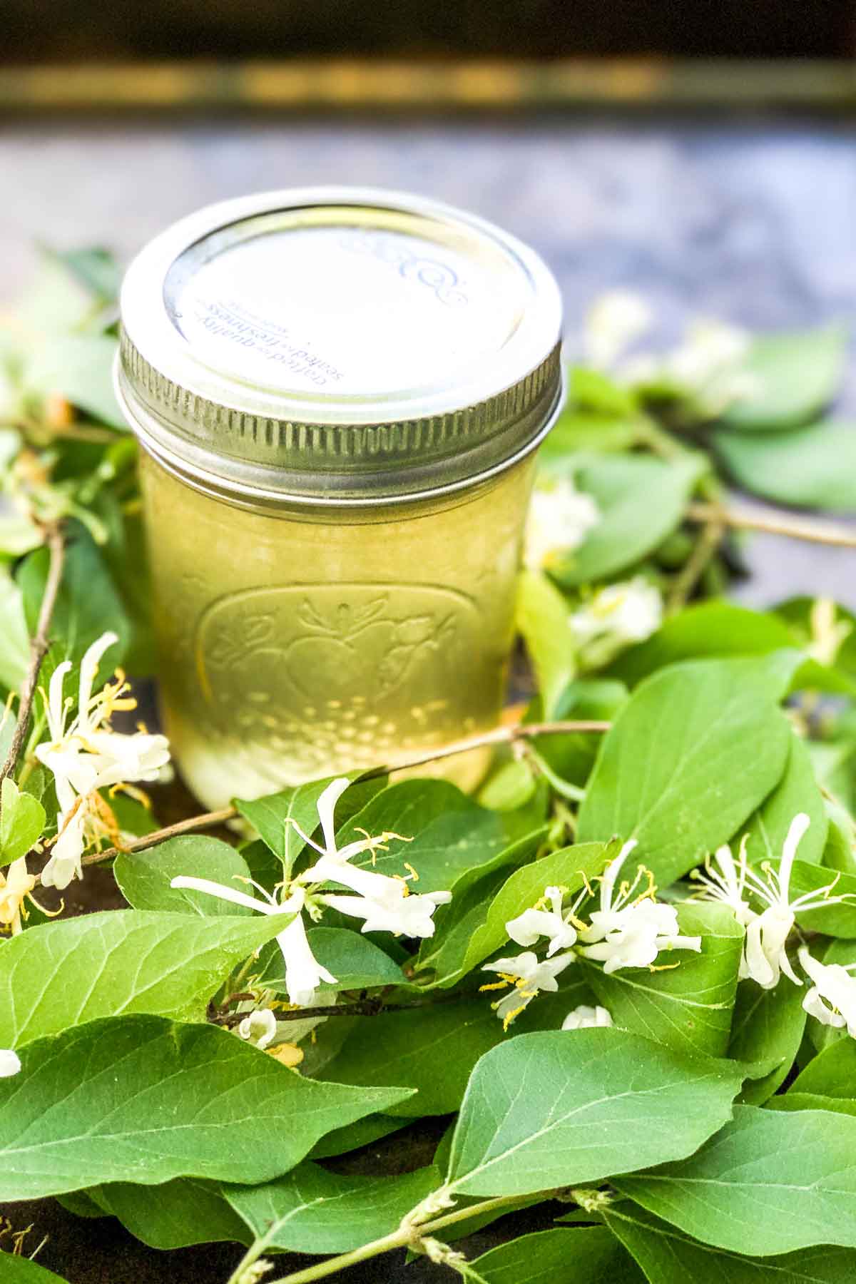 A jar of Honeysuckle Jelly with Blossoms surrounding it.