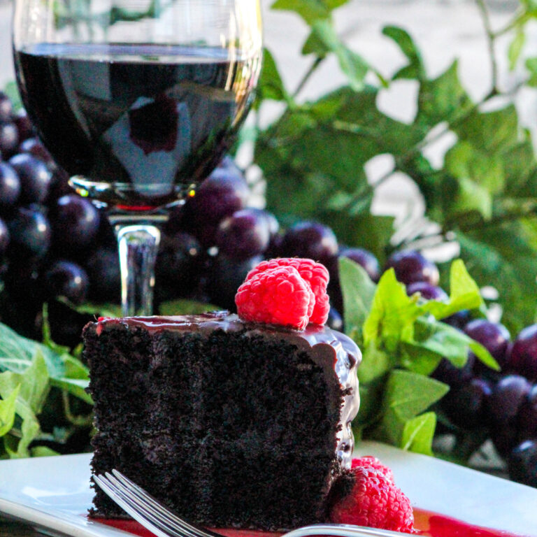DARK CHOCOLATE RED WINE CAKE WITH RED WINE RASPBERRY SAUCE