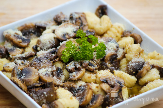 gnocchi and mushrooms in brown butter garlic sauce
