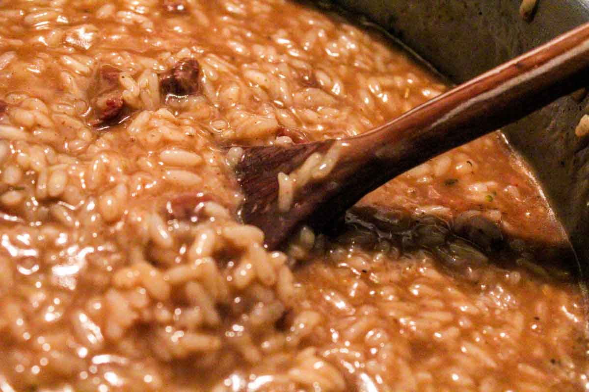Italian Beef Risotto Cooking in a Pan