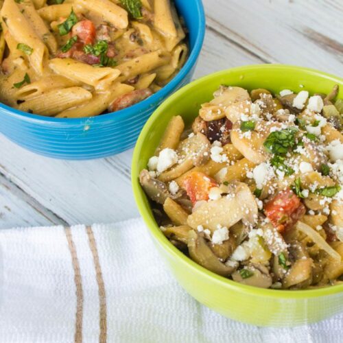Jazzed Up Bacon Sausage Pesto Penne Pasta