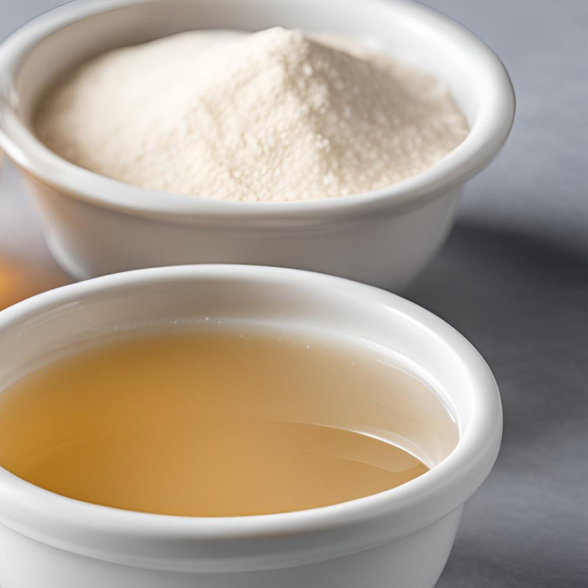 a bowl of liquid pectin next to a bowl of powdered pectin