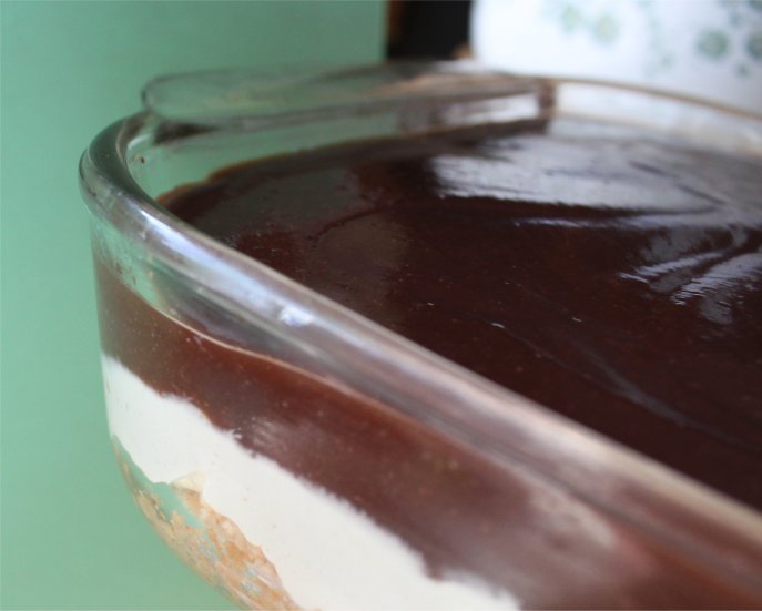 Chocolate Peanut Butter Pie in a glass baking dish.