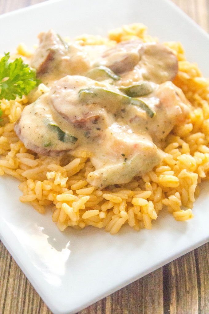 Sausage Shrimp and Veggies with Cheesy Rice @UncleBens
