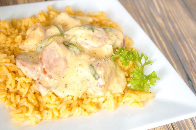 Sausage Shrimp and Veggies with Cheesy Rice @UncleBens