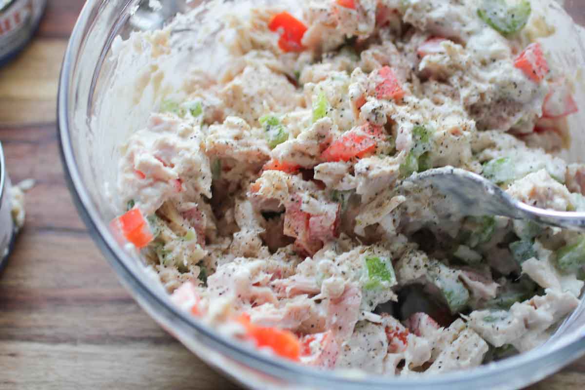 Step 5 large bowl with ingredients for Tuna Stuffed Portabella Mushrooms